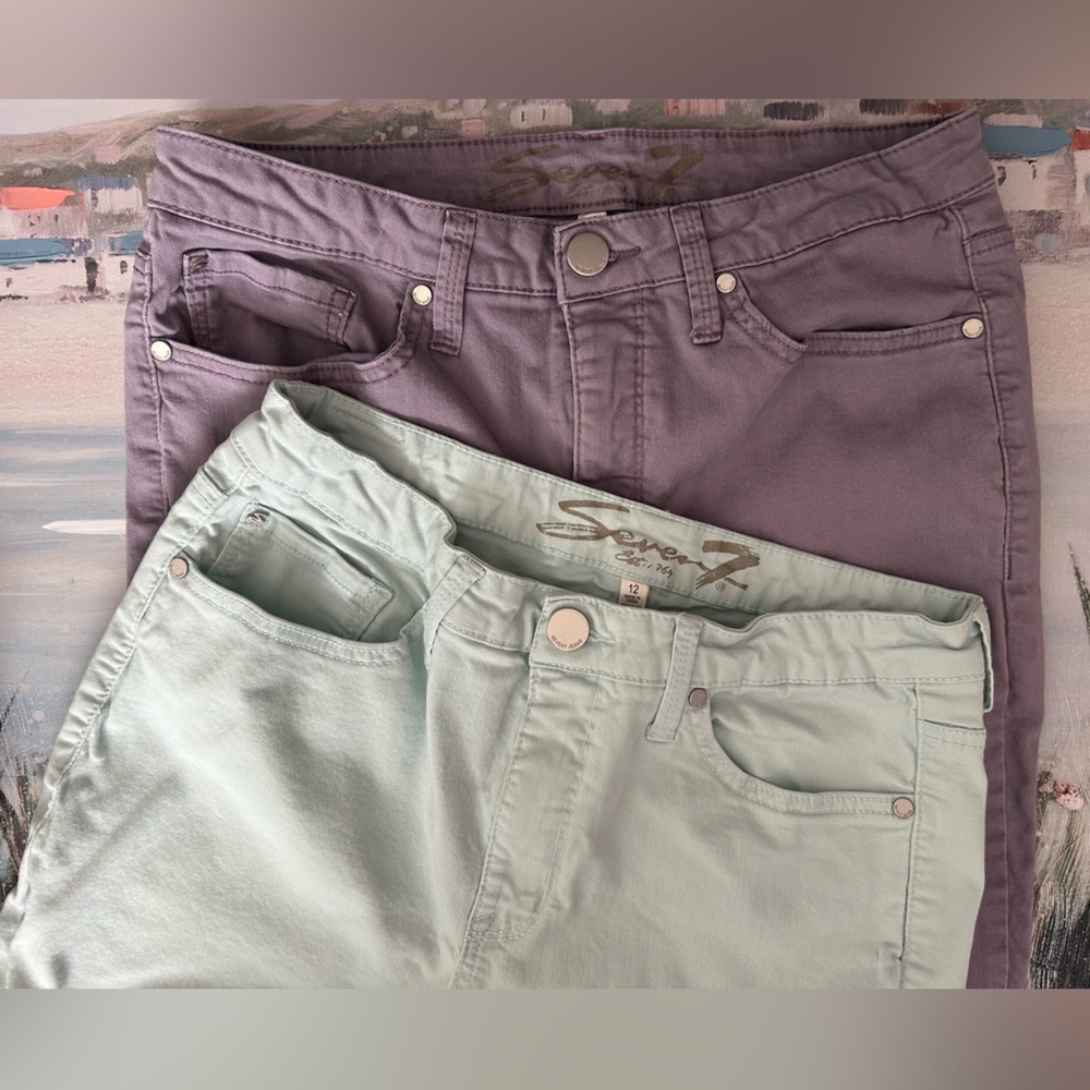 Seven High Rise Hollywood Skinny Denim Jeans Set Washed Mint & Lavender Retro